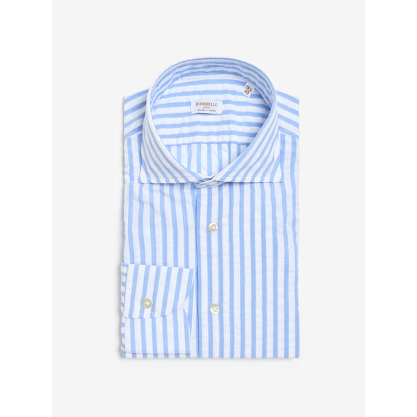 Mavi Çizgili Seersucker El Yapımı Gömlek