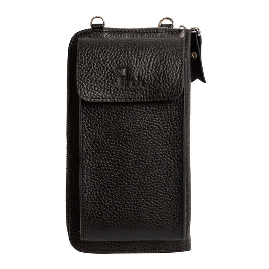 El yapımı siyah deri pasaport ve telefon çantası – floater dana derisi, çok gözlü tasarım