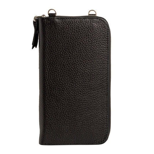 El yapımı siyah deri pasaport ve telefon çantası – floater dana derisi, çok gözlü tasarım