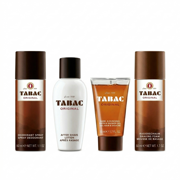 Bonherre mağazasından Tabac Original, deodorant, after shave, duş jeli ve tıraş köpüğü içeren lüks erkek bakım seti.