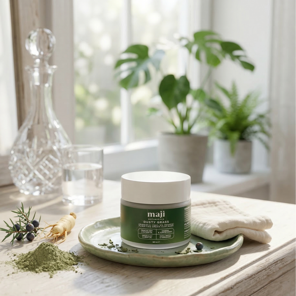Bonherre mağazasından Maji Botanicals Dusty Grass, sebum dengeleyici yeşil kil krem maske, yerli üretim mineralli cilt bakımı.