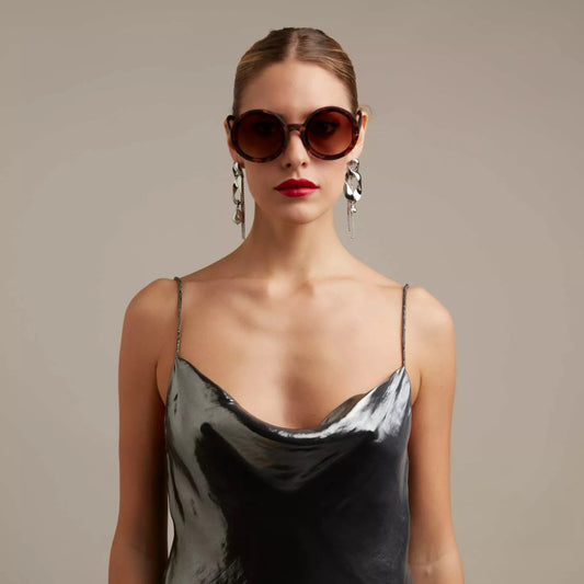 Okkia Monica Unisex Büyük Yuvarlak Güneş Gözlüğü Klasik Havana