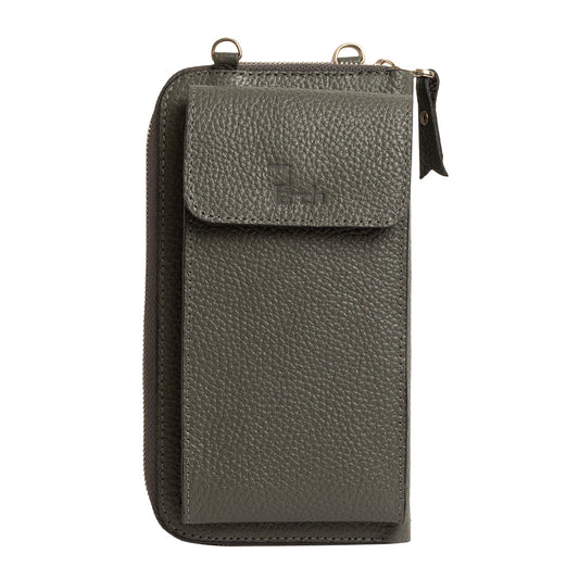 El yapımı gri deri pasaport ve telefon çantası – floater dana derisi, çok gözlü tasarım