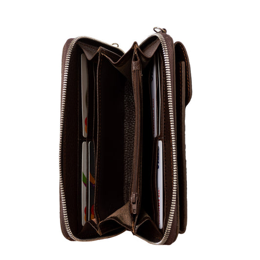 El yapımı kahverengi deri pasaport ve telefon çantası – floater dana derisi, çok gözlü tasarım