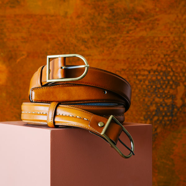 El Yapımı Hakiki Deri Erkek Kemer – Taba – 3.5 cm – El Dikişli