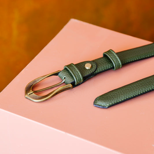 El yapımı hakiki floater deri kemer – zeytin yeşili, 2.5 cm, antik pirinç tokalı