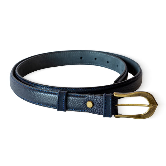 El yapımı hakiki floater lacivert deri kemer – 2.5 cm unisex, mavi tonal dikişli, antik pirinç tokalı