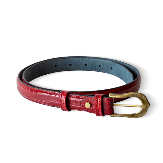 El yapımı hakiki krokodil desenli kırmızı deri kemer – 2.5 cm unisex dana derisi, antik pirinç tokalı