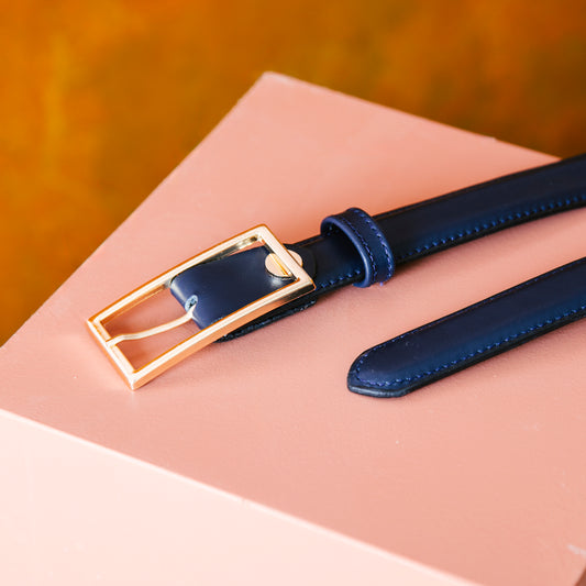 El yapımı hakiki lacivert deri kemer – 2.5 cm unisex dana derisi, altın tokalı
