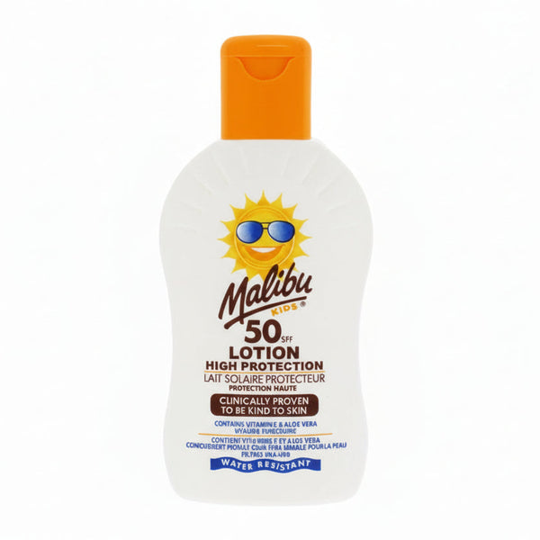 Bonherre mağazasından Malibu Çocuk Yüksek Korumalı Güneş Losyonu SPF50, Aloe Vera ve Vitamin E içerikli hassas çocuk koruyucu.