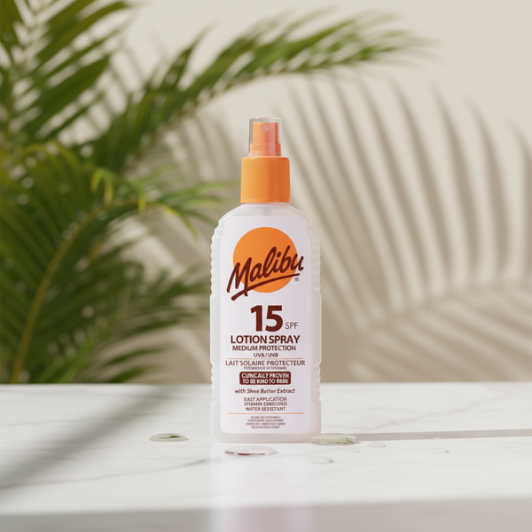 Bonherre mağazasından Malibu Güneş Koruyucu Sprey Losyon SPF15, vitaminli ve suya dayanıklı lüks erkek güneş kremi.