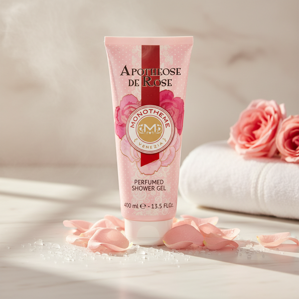 Bonherre mağazasından Monotheme Gülün Yüceliği (Apotheose de Rose) parfümlü duş jeli, modern gül notalı lüks İtalyan vücut bakım ürünü.