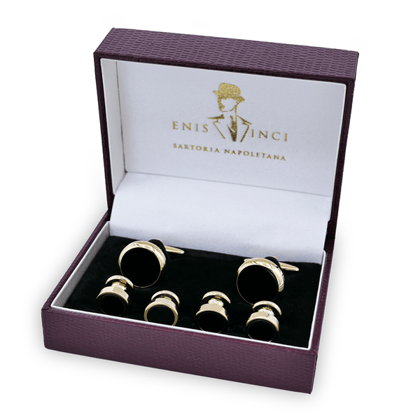 4'lü Yuvarlak Oniks ve Altın Elbise Zımbaları ve Kol Düğmesi Seti