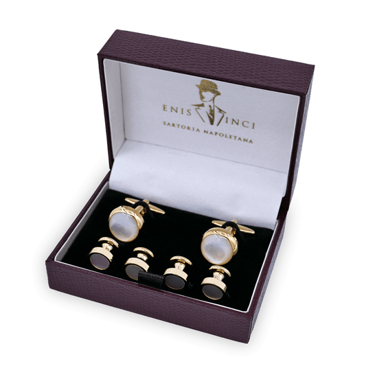 4'lü Yuvarlak Sedef ve Altın Elbise Düğmesi ve Kol Düğmesi Seti - Bonherre