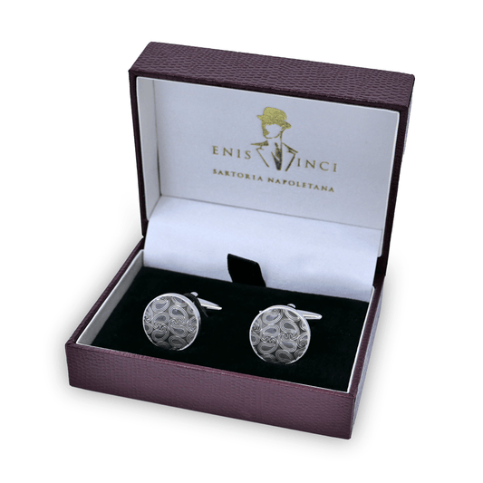 Gri Tonları Paisley Yuvarlak Mineli Kol Düğmesi - Bonherre