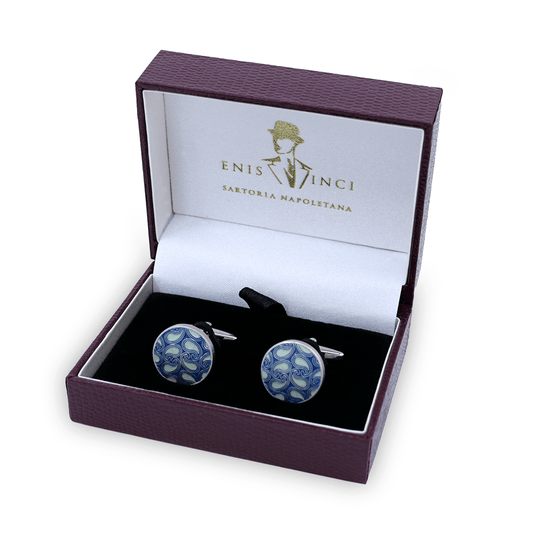 Mavi Paisley Yuvarlak Mineli Kol Düğmelerinin Tonları - Bonherre