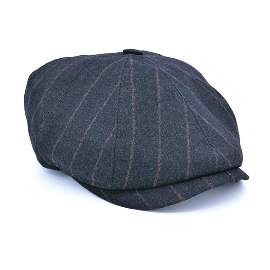Yün 30's 8 Panel Koyu Gri İğneli Çizgili Flanel Şapka - Bonherre