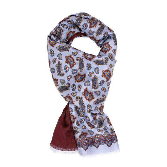 Bordo ve Açık Mavi Paisley Kaşmir ve İpek Eşarp - Bonherre