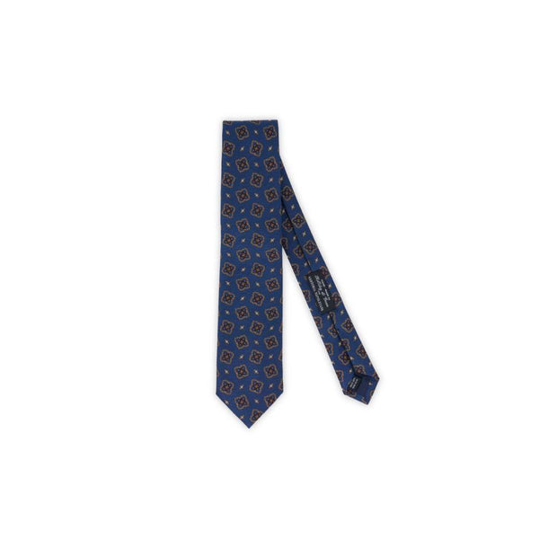Çiçek Motifli İpek Kravat - Mavi