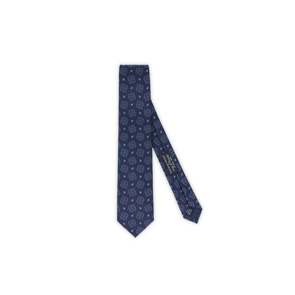 Çiçek Motifli İpek Kravat - Lacivert