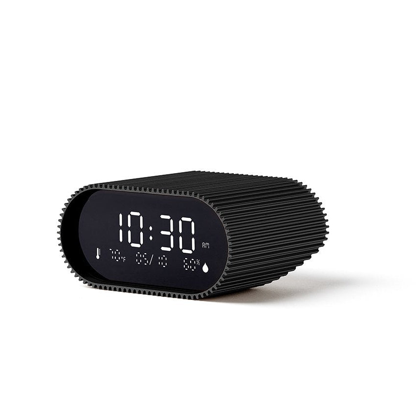 Bonherre mağazasından Lexon Ray Clock, eğerek alarm kurma özellikli, termometreli ve nem ölçerli lüks şarj edilebilir dijital alarm saat.