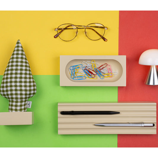 Kayigo Woody Krem Üçlü Ofis  Seti - Pötikareli Selvi