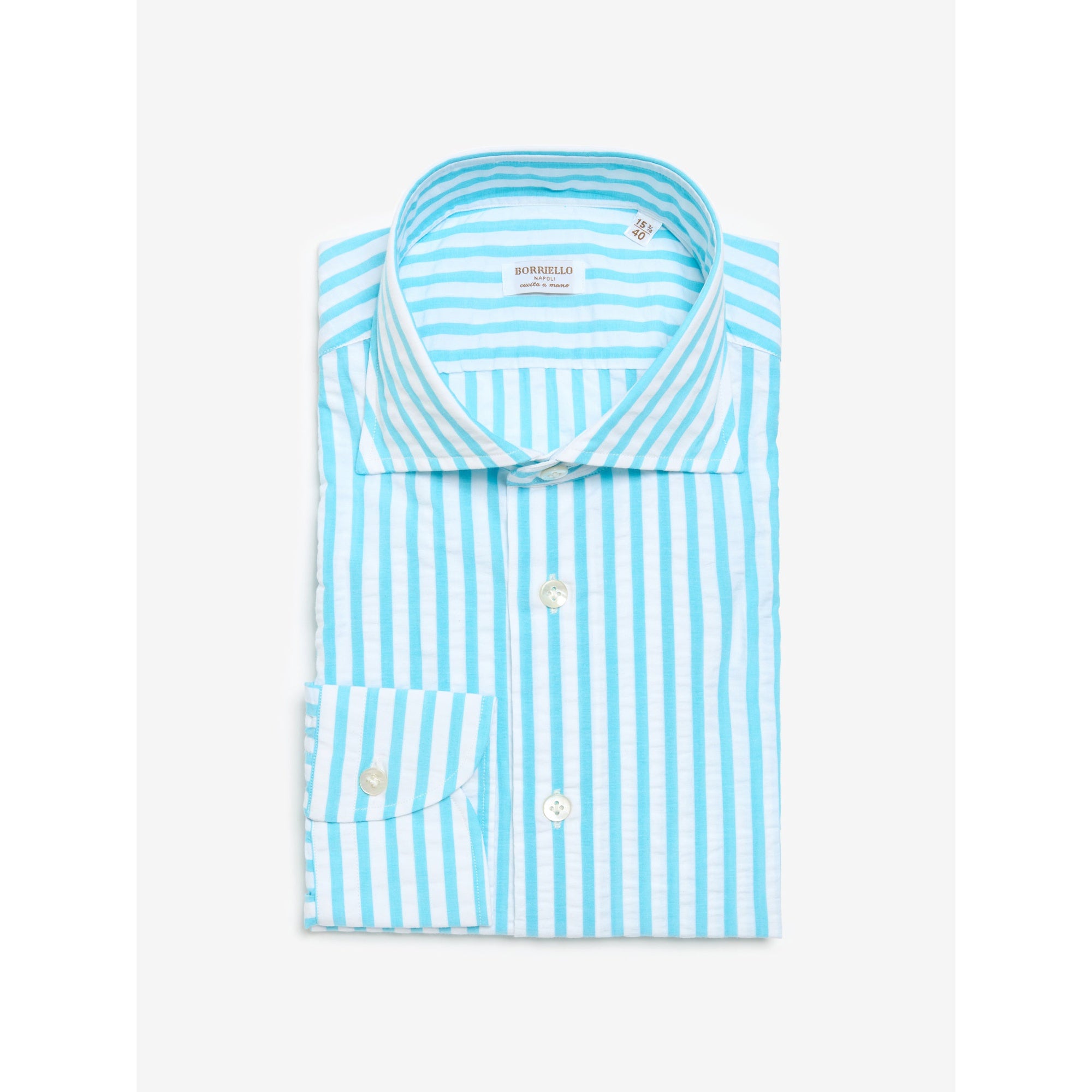 Turkuaz Çizgili Seersucker El Yapımı Gömlek