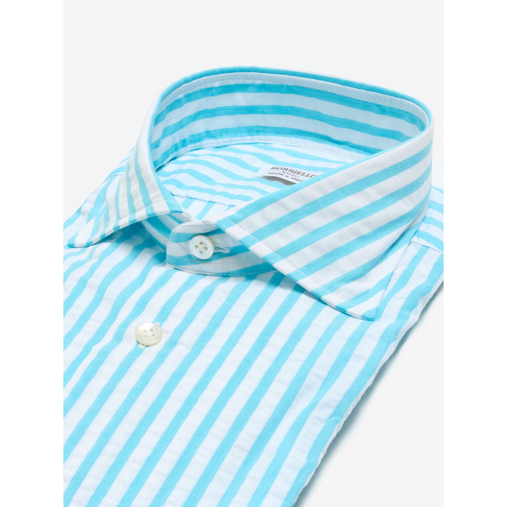 Turkuaz Çizgili Seersucker El Yapımı Gömlek