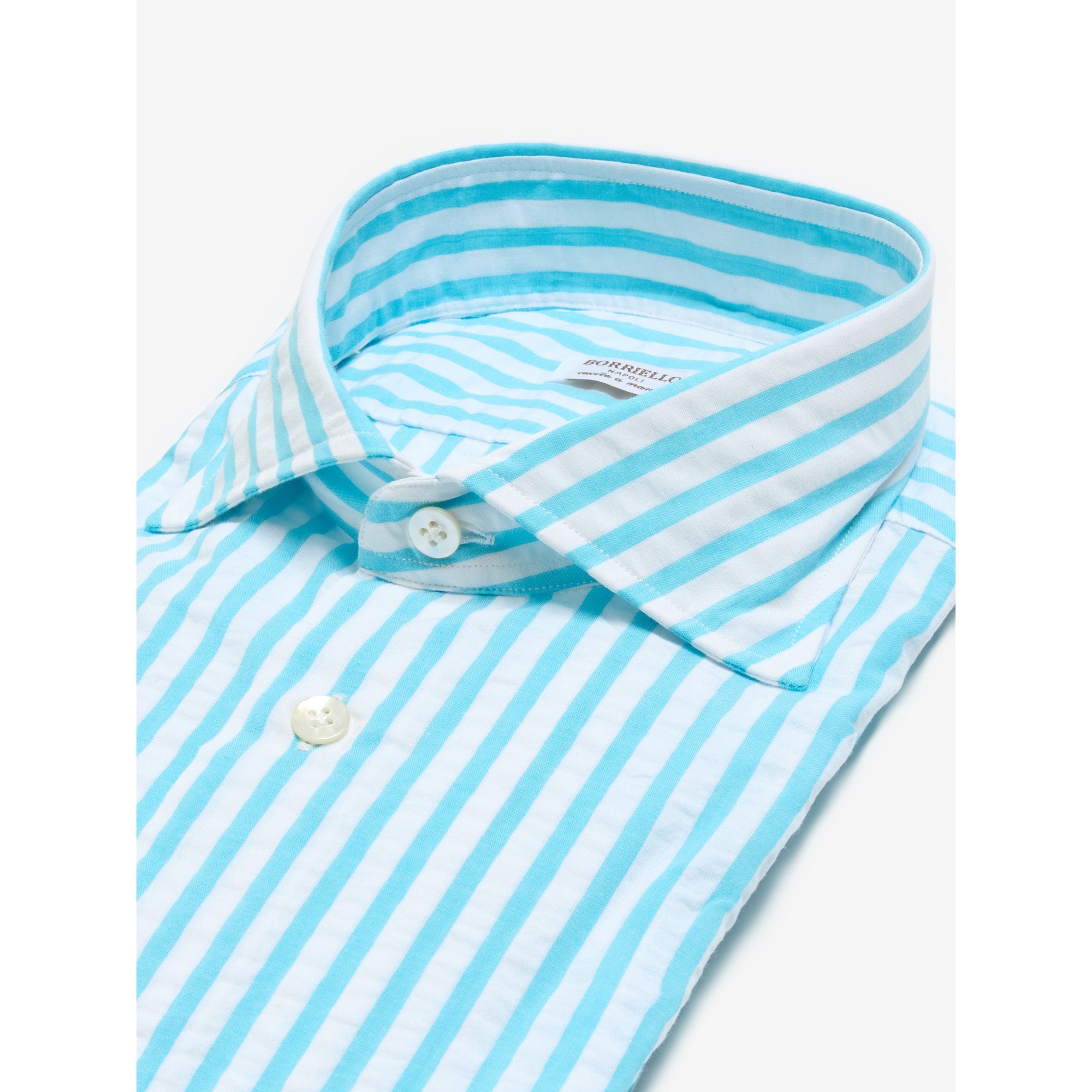Turkuaz Çizgili Seersucker El Yapımı Gömlek