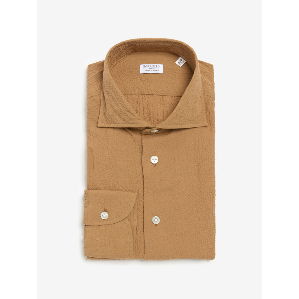 Açık Kahverengi Seersucker El Yapımı Pamuklu Gömlek