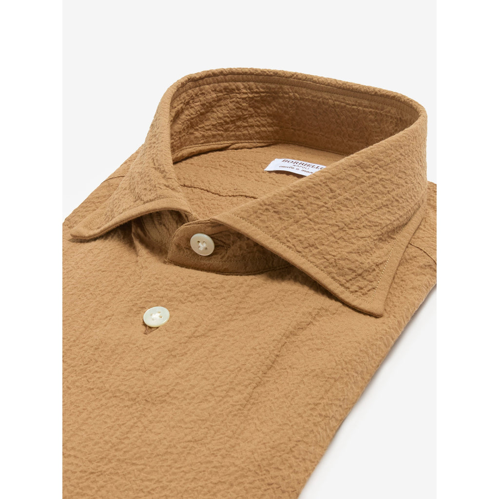 Açık Kahverengi Seersucker El Yapımı Pamuklu Gömlek