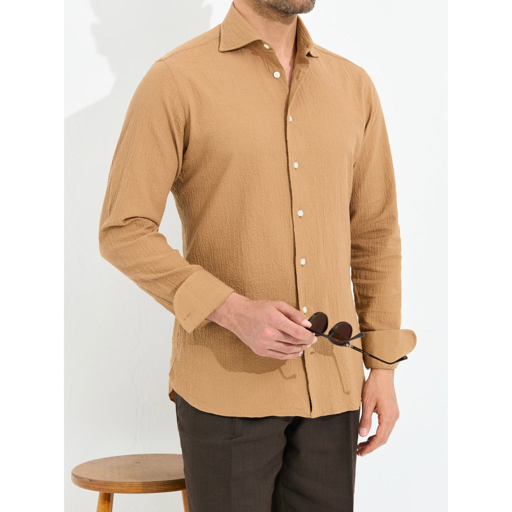 Açık Kahverengi Seersucker El Yapımı Pamuklu Gömlek