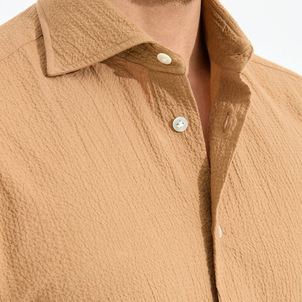 Açık Kahverengi Seersucker El Yapımı Pamuklu Gömlek