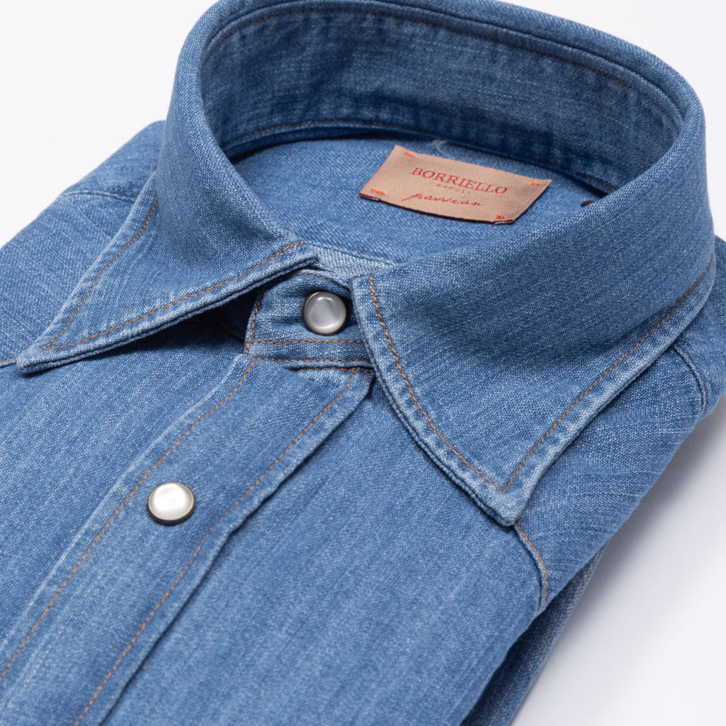 Orta Mavi Selvedge Denim Western El Yapımı Gömlek