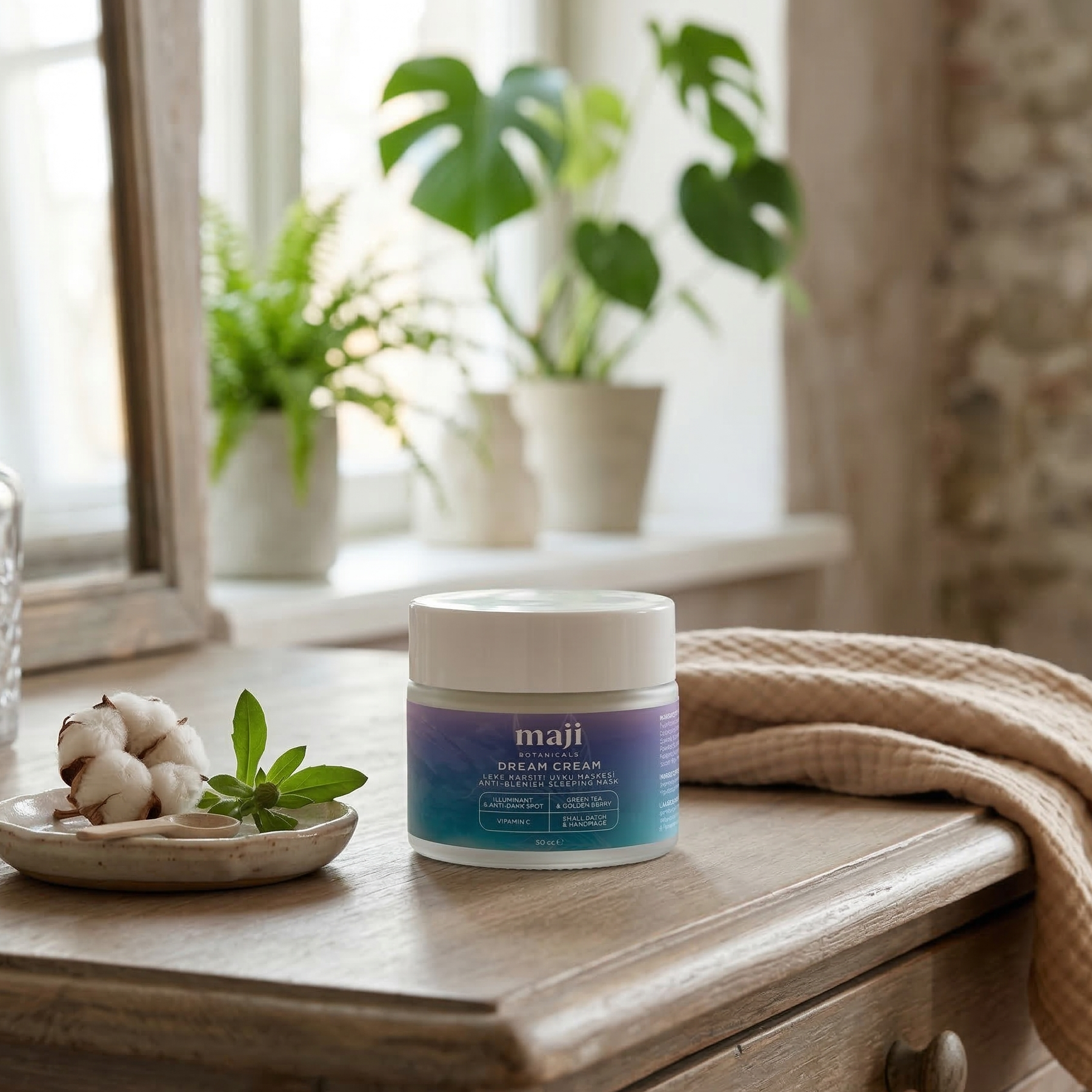 Bonherre mağazasından Maji Botanicals Dream Cream, prebiyotik içerikli leke karşıtı uyku maskesi, yerli üretim durulanmayan gece maskesi.