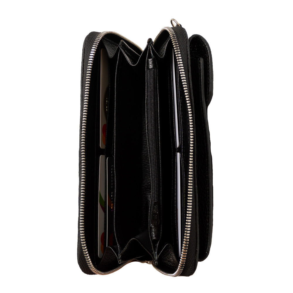 El yapımı siyah deri pasaport ve telefon çantası – floater dana derisi, çok gözlü tasarım