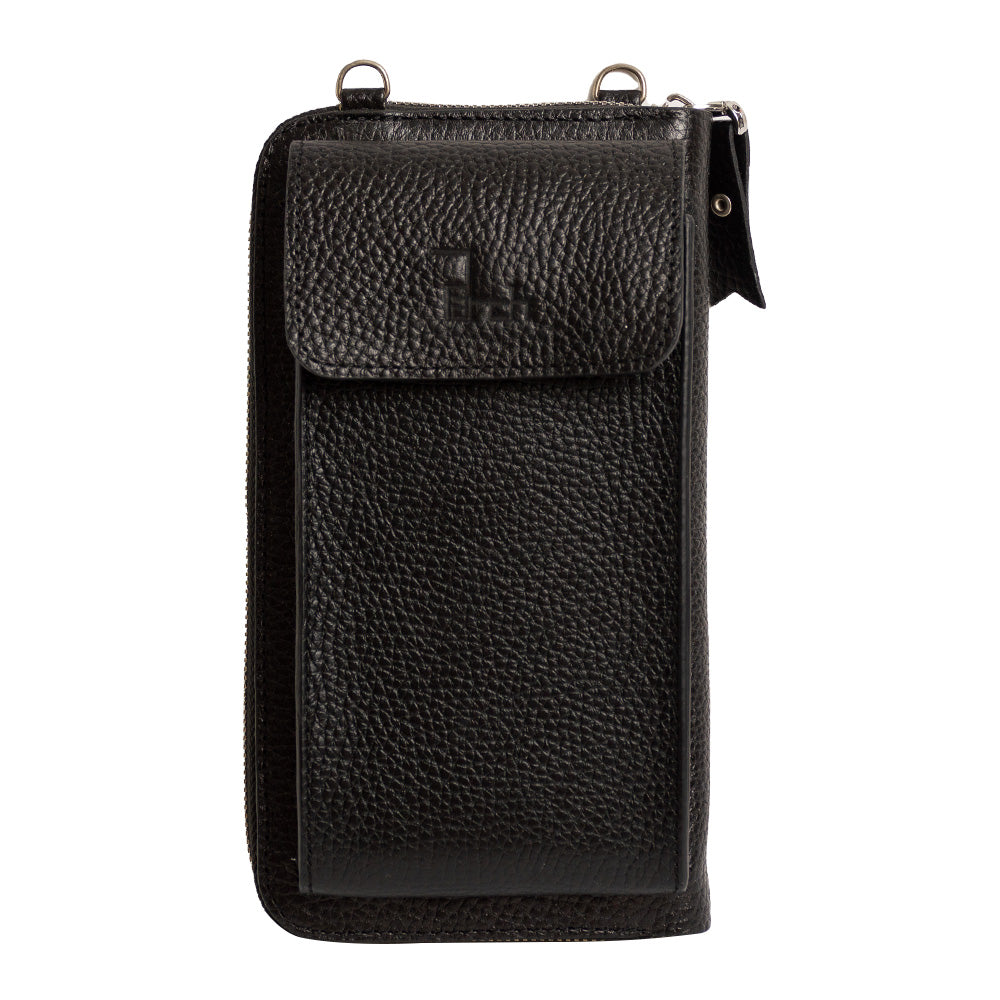 El yapımı siyah deri pasaport ve telefon çantası – floater dana derisi, çok gözlü tasarım