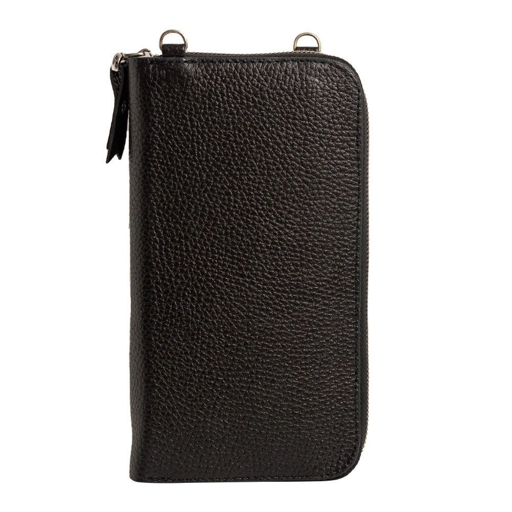 El yapımı siyah deri pasaport ve telefon çantası – floater dana derisi, çok gözlü tasarım