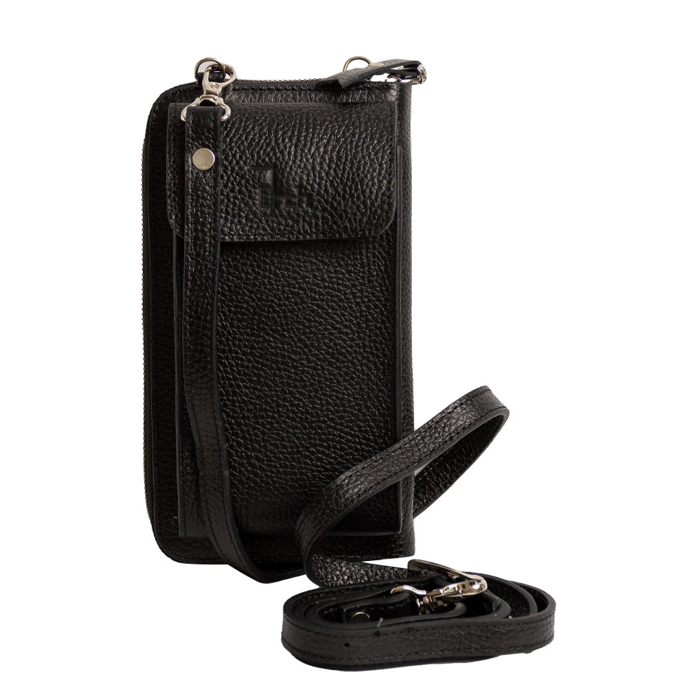 El yapımı siyah deri pasaport ve telefon çantası – floater dana derisi, çok gözlü tasarım