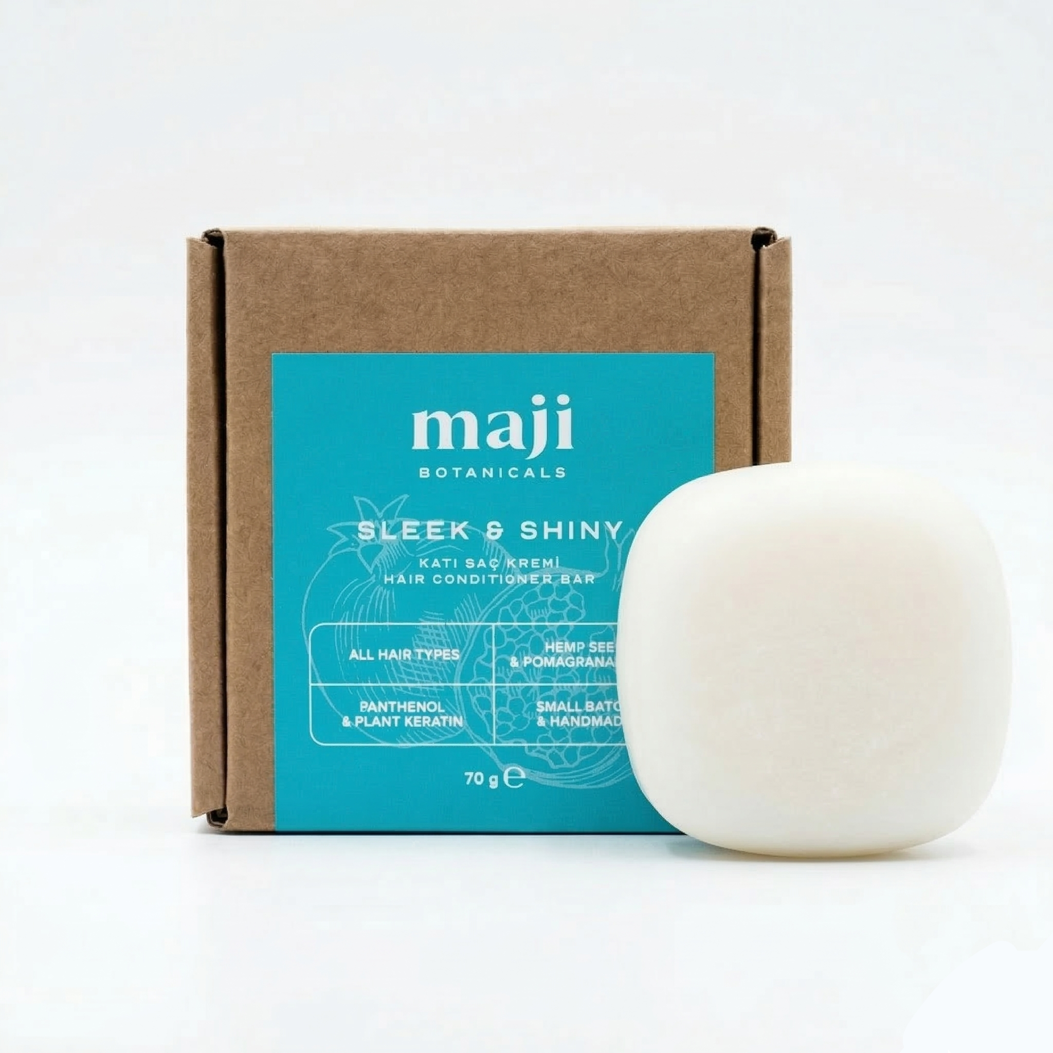 Bonherre mağazasından Maji Botanicals Sleek & Shiny, plastik atıksız ve doğal içerikli yerli üretim katı saç kremi barı.