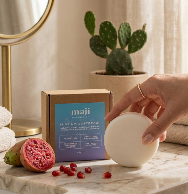 Bonherre mağazasından Maji Botanicals Suds Up Buttercup, bitkisel keratin ve Frenk inciri özlü yerli üretim katı şampuan barı.