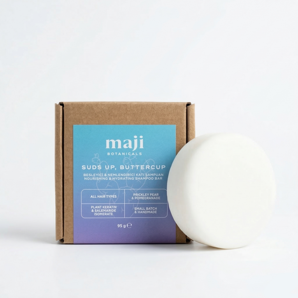 Bonherre mağazasından Maji Botanicals Suds Up Buttercup, bitkisel keratin ve Frenk inciri özlü yerli üretim katı şampuan barı.