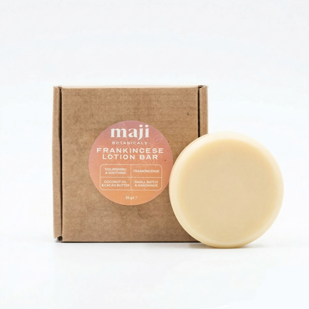 Bonherre mağazasından Maji Botanicals Frankincense (Akgünlük) losyon bar, yaşlanma karşıtı ve yerli üretim katı vücut nemlendiricisi.