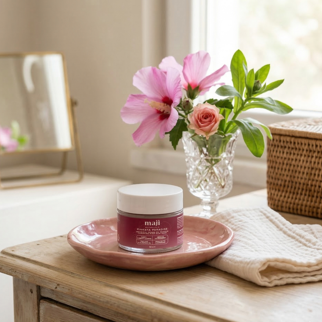 Bonherre mağazasından Maji Botanicals Pinksta Paradise, kuru ve hassas ciltler için pembe kil krem maske, yerli üretim.