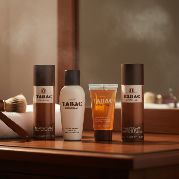 Bonherre mağazasından Tabac Original, deodorant, after shave, duş jeli ve tıraş köpüğü içeren lüks erkek bakım seti.