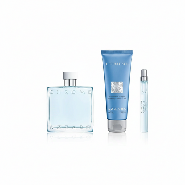 Bonherre mağazasından Azzaro Chrome Eau de Toilette, narenciye ve beyaz misk notalı lüks erkek parfüm ve şampuan seti.