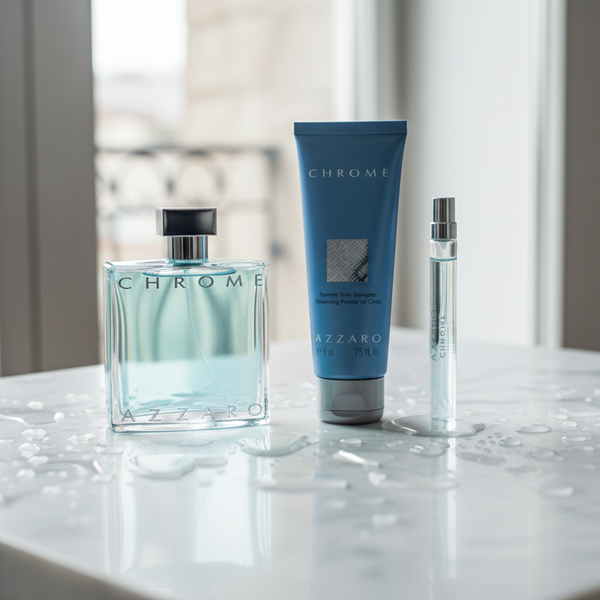 Bonherre mağazasından Azzaro Chrome Eau de Toilette, narenciye ve beyaz misk notalı lüks erkek parfüm ve şampuan seti.