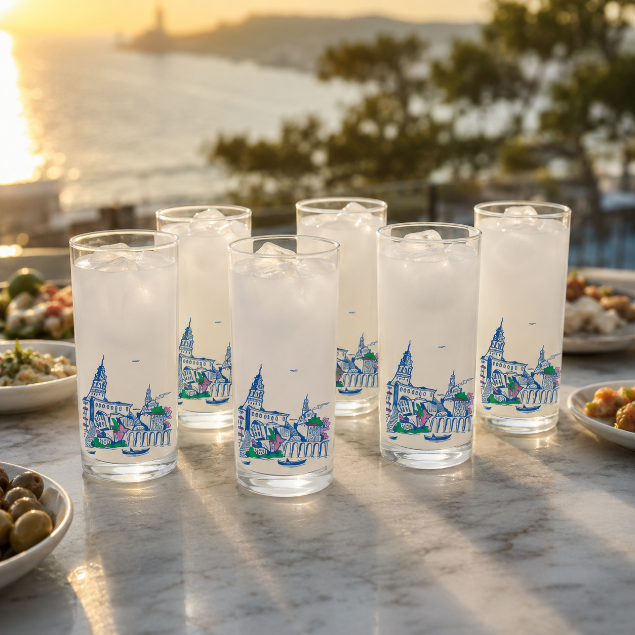 Arel Siviş tasarımı eski İstanbul ve Galata Kulesi temalı Bir Zamanlar İstanbul 6'lı rakı kadehi seti