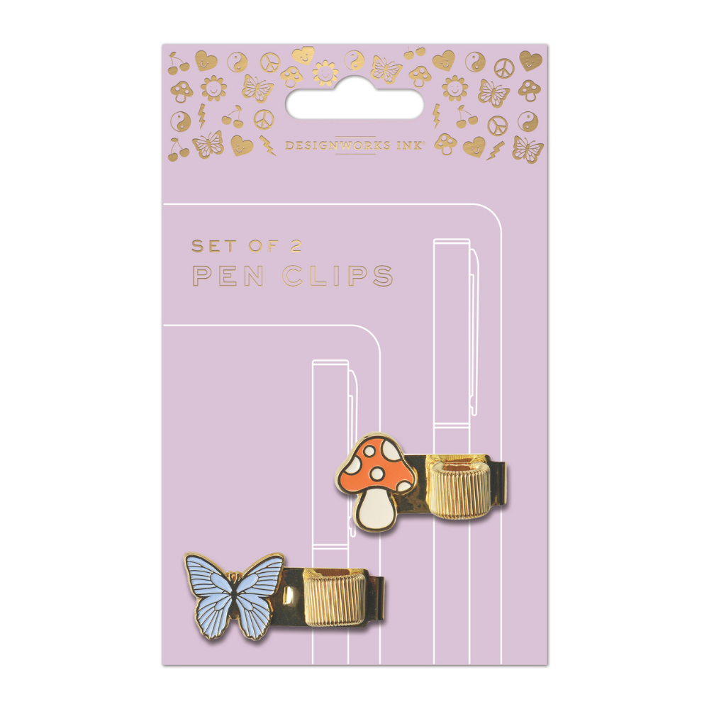 Bonherre mağazasından Designworks Ink marka, kelebek ve mantar tasarımlı 2'li kitap kalem klipsi.