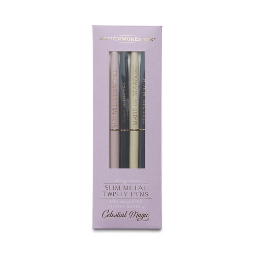 Bonherre mağazasından Designworks Ink marka, Celestial Magic serisi, 4'lü slim metal tükenmez kalem seti.